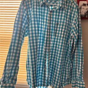 American Eagle Outfitters Teal and White Checkered Shirt BOGO